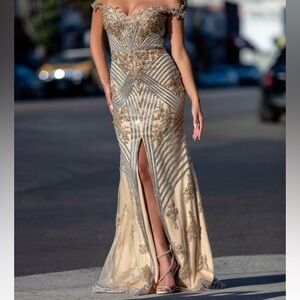 Off-Shoulder Gold and Silver Embellished Evening Gown
